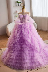 Party Dress Designs, Lavender Off-Shoulder A-line Multi-Layers  Long Prom Dress